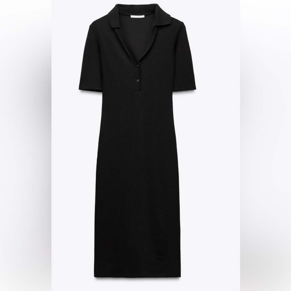 Zara Black Ribbed Midi Polo Dress